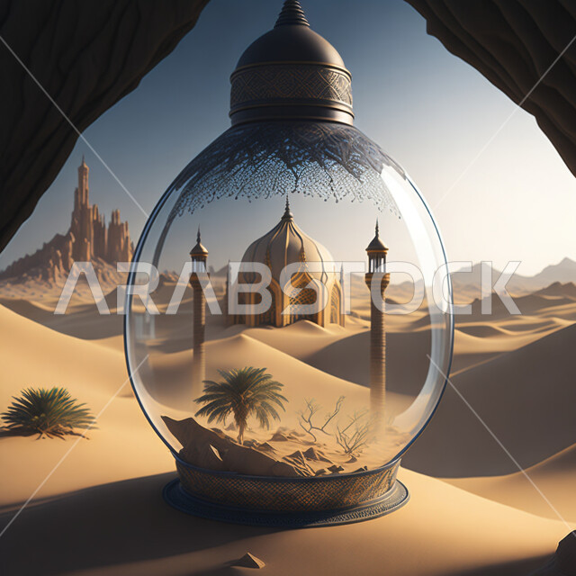  خلفية ثري دي  لمسجد في الصحراء, تحف واكسسوارات شهر رمضان المبارك ، مجسمات ثلاثية الابعاد لفانوس زجاجي شفاف، زينة وأنوار للاعياد والمناسبات، اسلاميات وعبادة .