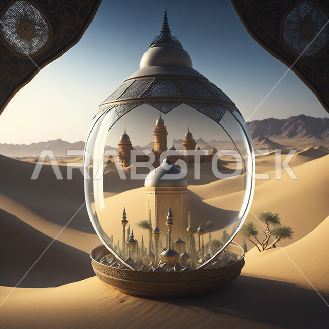  خلفية ثري دي  لمسجد في الصحراء, تحف واكسسوارات شهر رمضان المبارك ، مجسمات ثلاثية الابعاد لفانوس زجاجي شفاف، زينة وأنوار للاعياد والمناسبات، اسلاميات وعبادة .