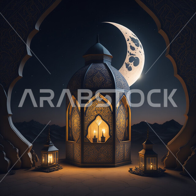  مجسمات ثلاثية الابعاد لفانوس معدني مزخرف، تحف واكسسوارات شهر رمضان المبارك ، زينة وأنوار للاعياد والمناسبات، اسلاميات وعبادة, خلفية الصحراء ليلا