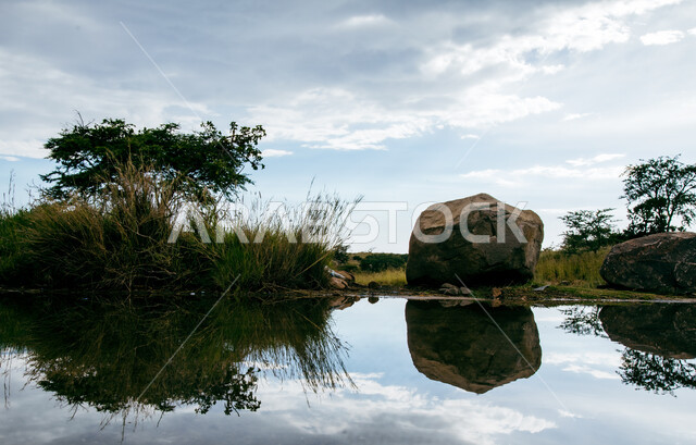 انعكاس الطبيعة على الماء في منتزه الأمير سلطان في القرعاء بمنطقة عسير في المملكة العربية السعودية، معالم تاريخية أثرية مشهورة,السماء الملبدة بالغيوم, الاماكن السياحية المشهورة, خلفية الطبيعة