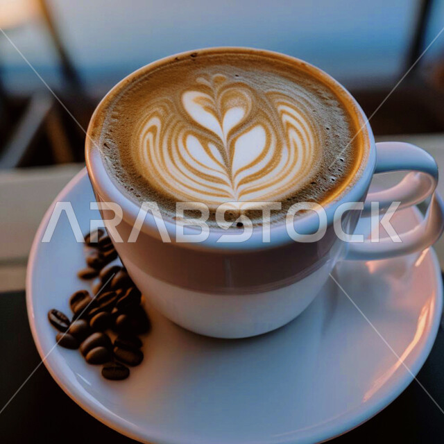 جلسات هادئة, كوب من القهوة برغوة كثيفة مع رسومات على قاعدة خشبية، مشروب الكابتشينو الساخن ، مشروبات ساخنة لذيذة ، قهوة اسبرسو, كافيهات ومطاعم في السعودية