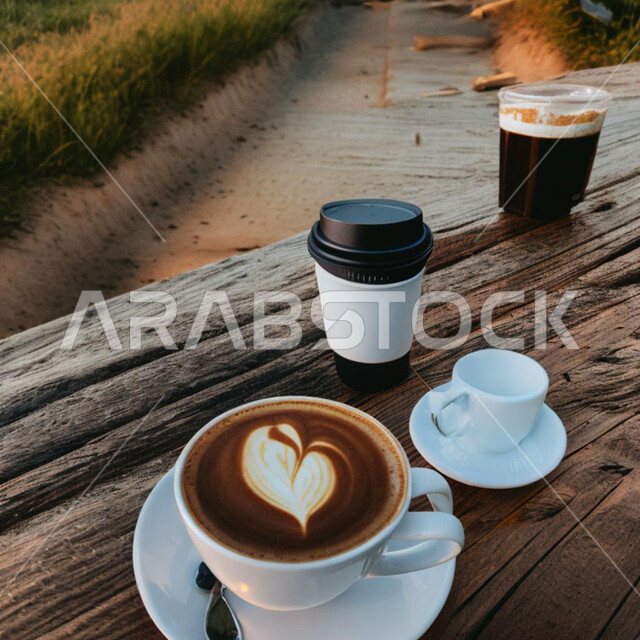Sitting and people with a background of nature, cup of coffee with thick foam with drawings on a wooden base, hot cappuccino drink, delicious hot drinks, espresso coffee, cafes and restaurants in Saudi Arabia