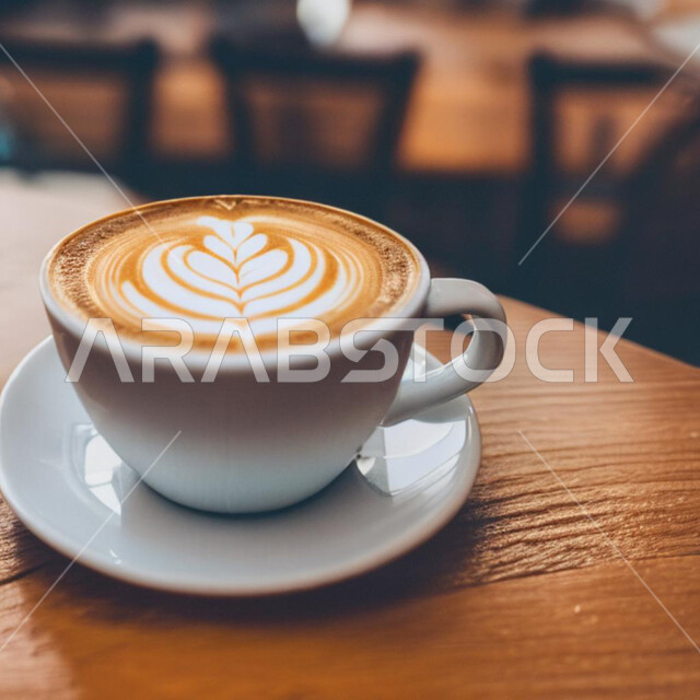 كوب من القهوة برغوة كثيفة مع رسومات على قاعدة خشبية، مشروب الكابتشينو الساخن ، مشروبات ساخنة لذيذة ، قهوة اسبرسو, كافيهات ومطاعم في السعودية 