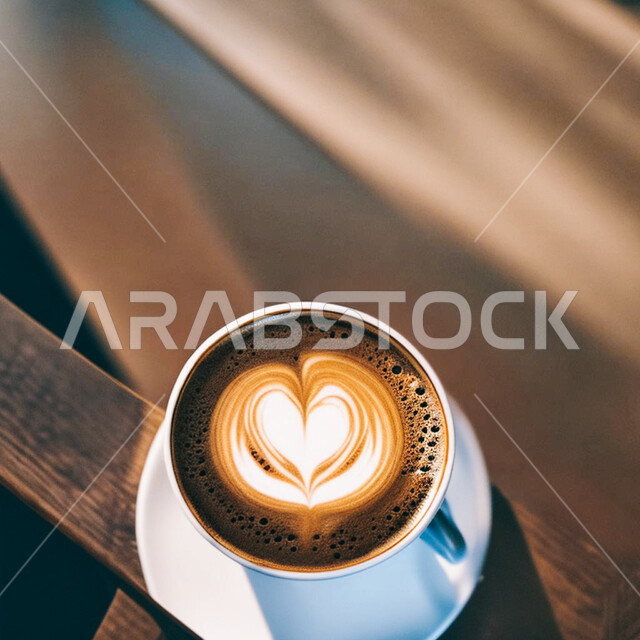 Delicious hot drinks, a cup of coffee with thick foam with drawings on a wooden base at sunset, a hot cappuccino drink, espresso coffee, cafes and restaurants in Saudi Arabia
