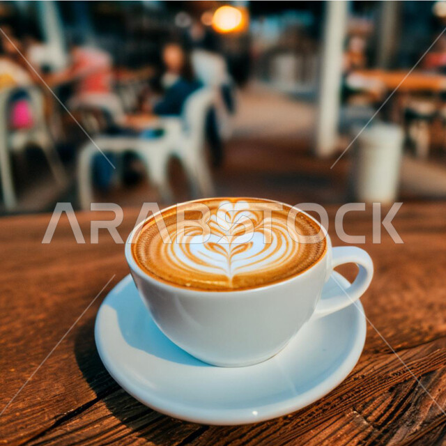 مشروب الكابتشينو الساخن ، كوب من القهوة برغوة كثيفة مع رسومات على قاعدة خشبية،  مشروبات ساخنة لذيذة ، قهوة اسبرسو, كافيهات ومطاعم في السعودية 