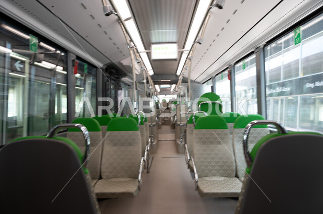 Interior picture of bus and coach seats, means of transportation and communication in the city of Riyadh in the Kingdom of Saudi Arabia, Riyadh Bus Station, Ministry of Transport and Logistics Services