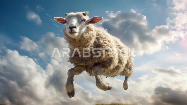 صوره مقربه لخروف ابيض يقفز في الهواء الطلق , غنم عيد الأضحى المبارك, كبش أليف, تربية المواشي والحيوانات في المحميات الطبيعيه, خلفية السماء الزرقاء مع الغيوم البيضاء .