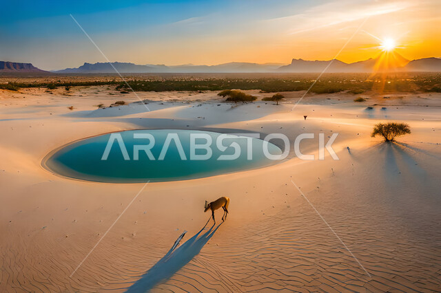 بركة من المياه في وسط الصحراء في المملكة العربية السعودية وقت غروب الشمس, التلال و الكثبان الرملية في البيئة الصحراوية, الرمال الذهبية الناعمة, خلفية الطبيعه الصحراوية .