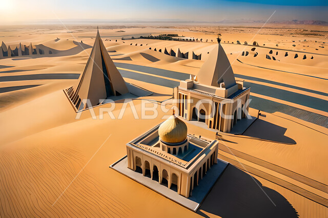 مجسماث ثلاثية الابعاد للمباني وسط الصحراء في المملكة العرية السعودية, الرمال الذهبية الناعمة, رسومات ثري دي في البيئة الصحراوية, خلفية الطبيعة الصحراوية .