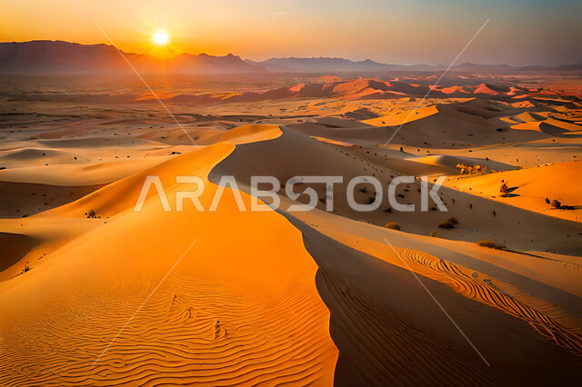 الكثبان الرمليه في الصحراء العربية في المملكه العربيه السعودية وقت غروب الشمس, التلال الرمليه في البيئة الصحراوية, الرمال الذهبية الناعمة, خلفية الطبيعه الصحراوية.