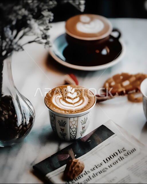 Quiet sessions and atmosphere, delicious hot drinks, a cup of coffee with thick foam with drawings on a table, hot cappuccino drink, espresso coffee, cafes and restaurants in Saudi Arabia