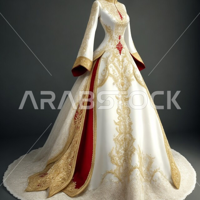  تصميم ثلاثي الابعاد لفستان زفاف ابيض مطرز بالاحمر والذهبي ، بدلة زواج فاخره للعروس، فساتين أنيقه للأفراح والاعراس، ازياء واكسسوارات بتصاميم عصرية نسائية، خلفيه سوداء