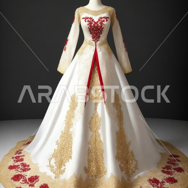 فساتين أنيقه للأفراح والاعراس، تصميم ثلاثي الابعاد لفستان زفاف ابيض مطرز بالاحمر والذهبي ، بدلة زواج فاخره للعروس، ازياء واكسسوارات بتصاميم عصرية نسائية، خلفيه سوداء