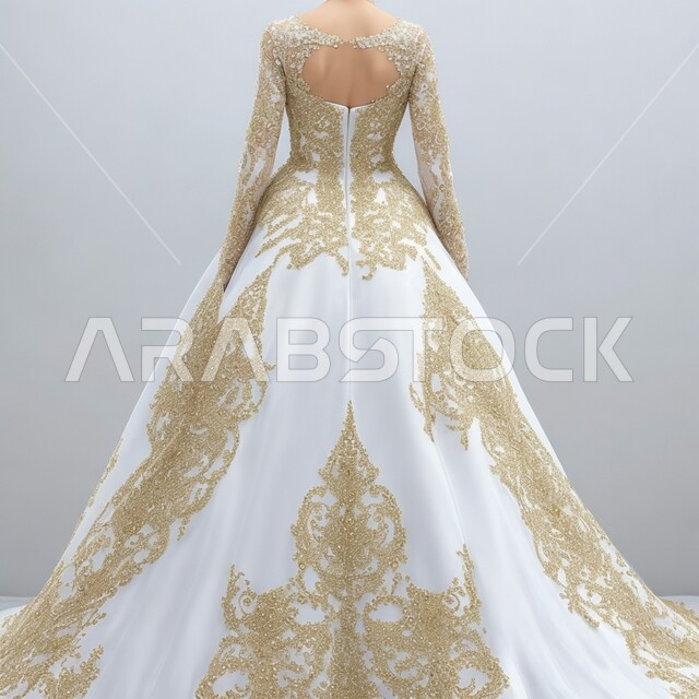 اكسسوارات و ازياء بتصاميم مبتكرة عصرية نسائية، فساتين أنيقه للأفراح والاعراس، فستان زفاف ابيض مطرز بالذهبي ، بدلة زواج فاخره للعروس، خلفيه بيضاء