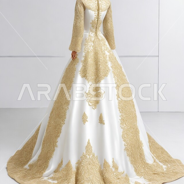 بدلة زفاف فاخره للعروس، اكسسوارات و ازياء بتصاميم مبتكرة عصرية نسائية، فساتين أنيقه للأفراح والاعراس، فستان زواج ابيض مطرز بالذهبي ، خلفيه بيضاء