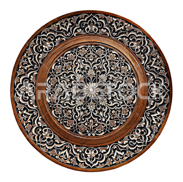 رسومات و نقوش فضية, زخرفة عربية شرقية منحوتة على طبق خشبي دائري, طبق تذكاري بني, خلفية بيضاء