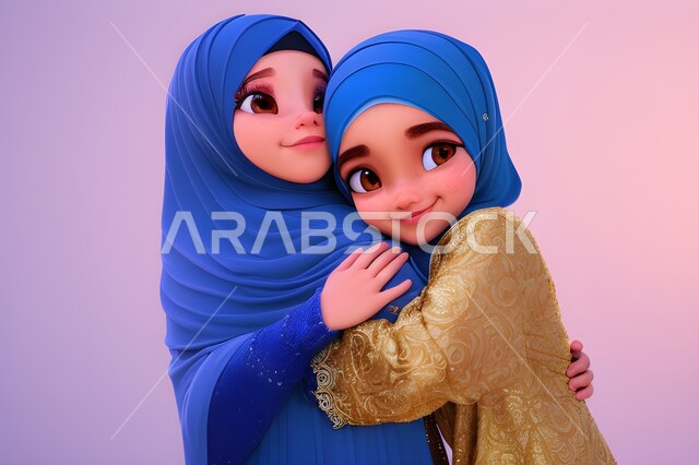 الإهتمام والاعتناء بالأبناء على طريق و نور الإسلام، مفهوم الأمومة، رسوم كرتونيه ثلاثية الابعاد لأم عربيه سعوديه خليجيه مع إبنتها ترتديان الحجاب الاسلامي، امرأه مسلمه تقوم بحضن وضم ابنتها ، التربيه بالحب و الحنان، خلفيه ملونه