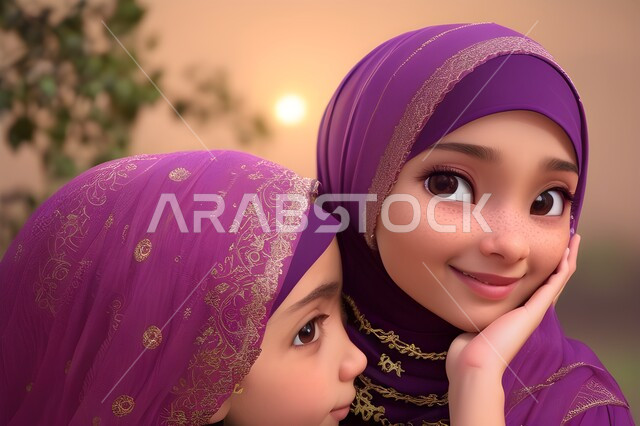 الإهتمام والاعتناء بالأبناء على طريق و نور الإسلام، مفهوم الأمومة، بورتريه رسوم كرتونيه ثلاثية الابعاد لأم عربيه سعوديه خليجيه مع إبنتها ترتديان الحجاب الاسلامي، امرأه مسلمه تقوم بحضن وضم ابنتها ، التربيه بالحب و الحنان، خلفيه ملونه