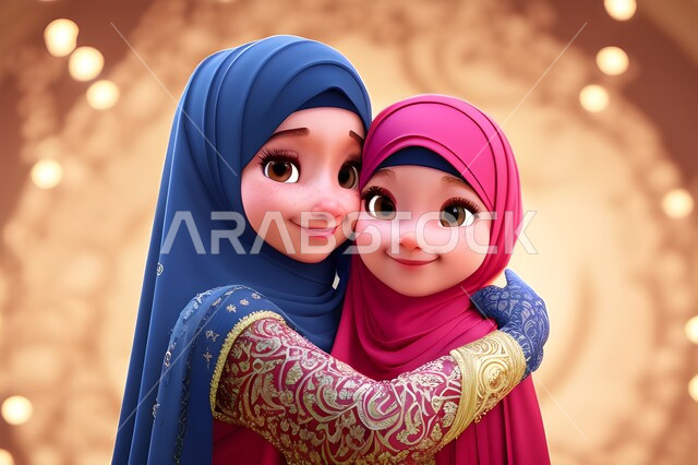 مفهوم الأمومة، بورتريه رسوم كرتونيه ثلاثية الابعاد لأم عربيه سعوديه خليجيه مع إبنتها ترتديان الحجاب الاسلامي، امرأه مسلمه تقوم بحضن وضم ابنتها ، التربيه بالحب و الحنان، الإهتمام والاعتناء بالأبناء على طريق و نور الإسلام، خلفيه ملونه