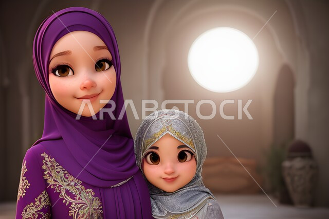 مفهوم الأمومة، بورتريه رسوم كرتونيه ثلاثية الابعاد لأم عربيه سعوديه خليجيه مع إبنتها ترتديان الحجاب الاسلامي، امرأه مسلمه تقوم بحضن وضم ابنتها ، التربيه بالحب و الحنان، الإهتمام والاعتناء بالأبناء على طريق و نور الإسلام، خلفيه ملونه