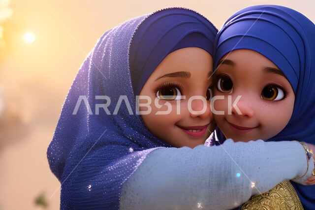 الاعتناء و الاهتمام بالأبناء على طريق و نور الإسلام، التربيه بالحب و الحنان،  مفهوم الأمومة، رسوم كرتونيه ثلاثية الابعاد لأم عربيه سعوديه خليجيه مع إبنتها ترتديان الحجاب الاسلامي، امرأه مسلمه تقوم بحضن وضم ابنتها ، خلفيه ملونه