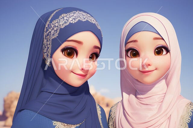 الاعتناء و الاهتمام بالأبناء على طريق و نور الإسلام، التربيه بالحب و الحنان،  مفهوم الأمومة، بورتريه رسوم كرتونيه ثلاثية الابعاد لأم عربيه سعوديه خليجيه مع إبنتها ترتديان الحجاب الاسلامي، امرأه مسلمه تقوم بحضن وضم ابنتها ، خلفيه ملونه