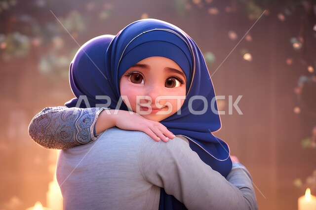 التربيه بالحب و الحنان، الإهتمام والاعتناء بالأبناء على طريق و نور الإسلام، مفهوم الأمومة، بورتريه رسوم كرتونيه ثلاثية الابعاد لأم عربيه سعوديه خليجيه مع إبنتها ترتديان الحجاب الاسلامي، امرأه مسلمه تقوم بحضن وضم ابنتها ، خلفيه ملونه