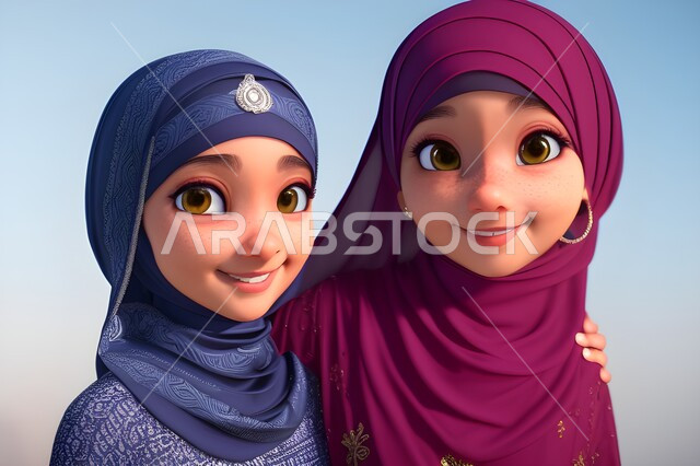 التربيه بالحب و الحنان، الإهتمام والاعتناء بالأبناء على طريق و نور الإسلام، مفهوم الأمومة، رسوم كرتونيه ثلاثية الابعاد لأم عربيه سعوديه خليجيه مع إبنتها ترتديان الحجاب الاسلامي، امرأه مسلمه تقوم بحضن وضم ابنتها ، خلفيه ملونه