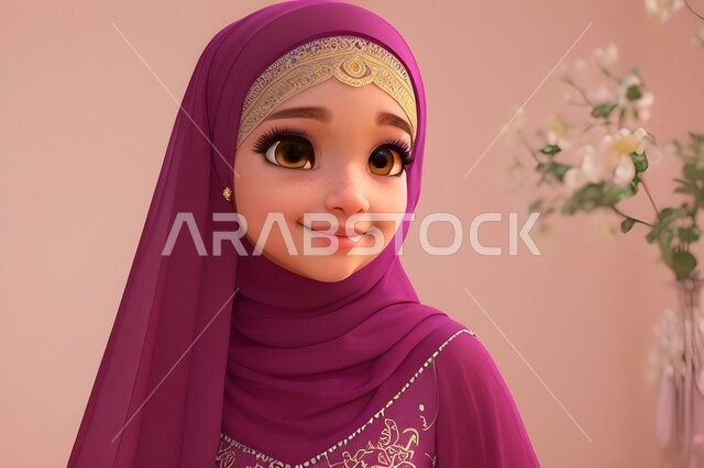 3D cartoon illustrations of a veiled Arab woman standing straight and looking at the camera, gestures indicating happiness, a smiling Muslim girl, colored background