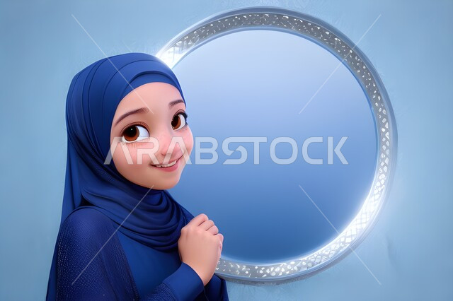 رسوم كرتونيه ثلاثية الابعاد لامرأة  عربيه محجبه  تقف باستقامه وتنظر الى الكاميرا ، ايماءات تدل على السعاده ، فتاه مسلمه مبتسمه, خلفية ملونة