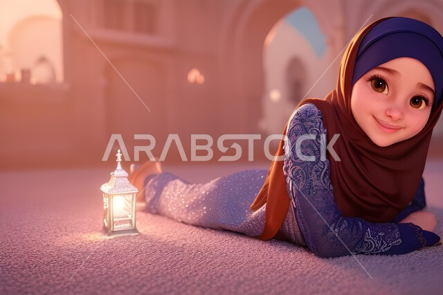 رسوم كرتونيه ثلاثية الابعاد لامرأة عربيه محجبه مستلقية على الارض بجانب الفانوس وتنظر الى الكاميرا ، ايماءات تدل على السعاده ، فتاه مسلمه مبتسمه, خلفية ملونة