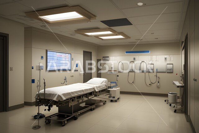 غرفة العمليات الجراحيه ،تصميم ثلاثي الابعاد لغرفه طبيه حديثه لفحص وتشخيص المرضى في المستشفى،  سرير إلكتروني طبي كهربائي للمريض، حجره مجهزه بالأدوات والأجهزة الطبيه الحديثه ، استخدام التقنيه والتكنولوجيا في العلاج والطب الحديث ،  عيادات ومراكز صحيه  متطوره