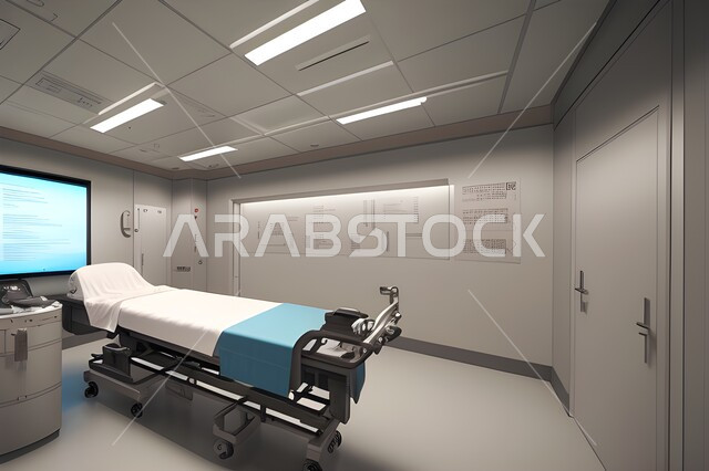   سرير إلكتروني طبي كهربائي للمريض، تصميم ثلاثي الابعاد لغرفه طبيه حديثه لفحص وتشخيص المرضى في المستشفى، غرفة العمليات الجراحيه، حجره مجهزه بالأدوات والأجهزة الطبيه الحديثه، استخدام التقنيه والتكنولوجيا في العلاج والطب الحديث،  عيادات ومراكز صحيه  متطوره