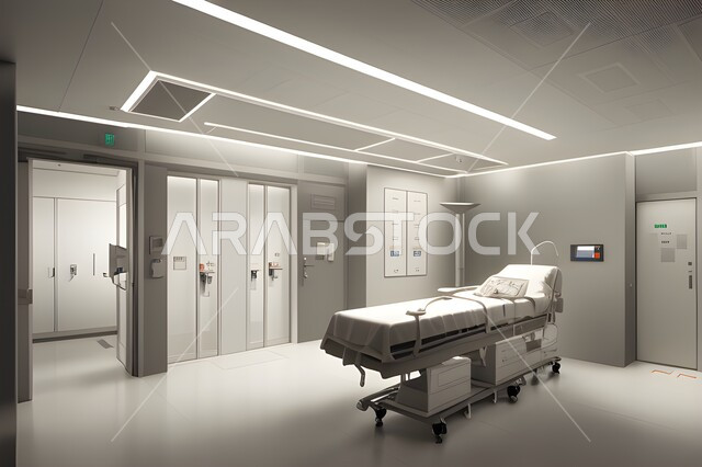  سرير إلكتروني طبي كهربائي للمريض، تصميم ثلاثي الابعاد لغرفه طبيه حديثه لفحص وتشخيص المرضى في المستشفى، غرفة العمليات الجراحيه، حجره مجهزه بالأدوات والأجهزة الطبيه الحديثه، استخدام التقنيه والتكنولوجيا في العلاج والطب الحديث،  عيادات ومراكز صحيه  متطوره