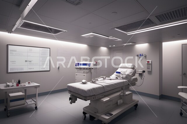 تصميم ثلاثي الابعاد لغرفه طبيه حديثه لفحص وتشخيص المرضى في المستشفى،  سرير إلكتروني طبي كهربائي للمريض، غرفة العمليات الجراحيه ، حجره مجهزه بالأدوات والأجهزة الطبيه الحديثه، استخدام التقنيه والتكنولوجيا في العلاج والطب الحديث، عيادات ومراكز صحيه  متطوره