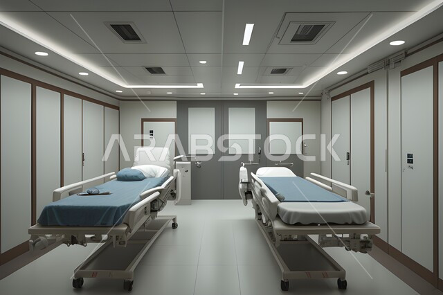 تصميم ثلاثي الابعاد لغرفه طبيه حديثه لفحص وتشخيص المرضى في المستشفى،  سرير إلكتروني طبي كهربائي للمريض، غرفة العمليات الجراحيه ، حجره مجهزه بالأدوات والأجهزة الطبيه الحديثه، استخدام التقنيه والتكنولوجيا في العلاج والطب الحديث، عيادات ومراكز صحيه  متطوره