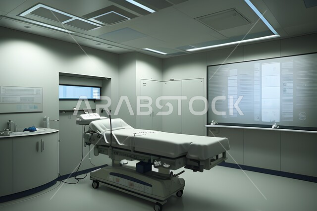تصميم ثلاثي الابعاد لغرفه طبيه حديثه لفحص وتشخيص المرضى في المستشفى،  سرير إلكتروني طبي كهربائي للمريض، غرفة العمليات الجراحيه ، حجره مجهزه بالأدوات والأجهزة الطبيه الحديثه، استخدام التقنيه والتكنولوجيا في العلاج والطب الحديث، عيادات ومراكز صحيه  متطوره