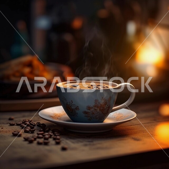 كوب القهوة مع حبوب البن المتناثرة، مشروب القهوة الساخن، قهوة اسبريسو داكنة