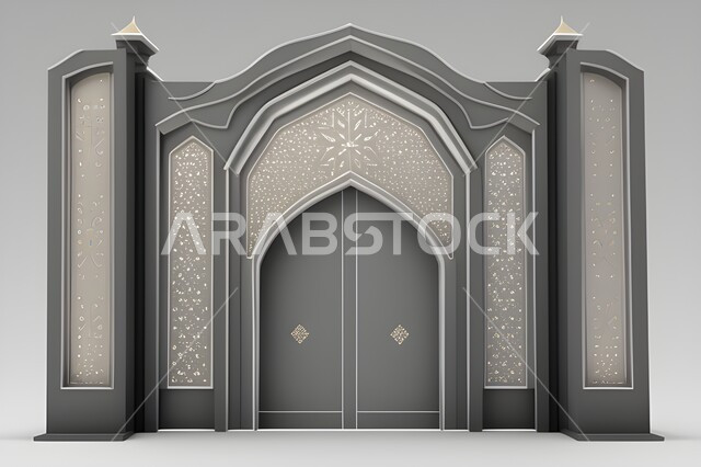 مدخل المسجد بقوس فضي، مجسم ثلاثي الابعاد لباب مسجد، تصاميم وديكورات اسلامية مزخرفة