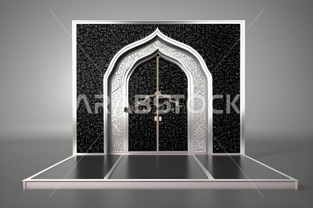 مجسم ثلاثي الابعاد لباب مسجد، مدخل المسجد بقوس فضي، تصاميم وديكورات اسلامية مزخرفة