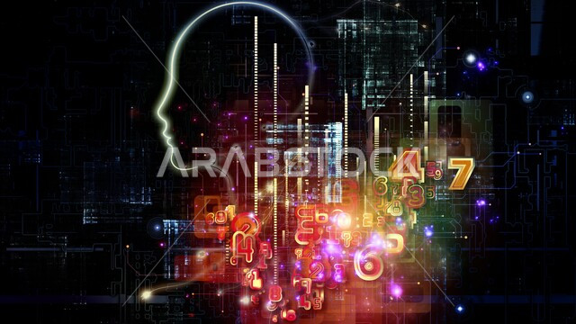 مجموعة من الارقام باللغة الانجليزية، الذكاء الإصطناعي والتطور الرقمي، التكنولوجيا الرقمية للوجه، تطور التقنية والتكنولوجيا، اشكال ورسومات ثلاثية الابعاد، تكنولوجيا المستقبل
