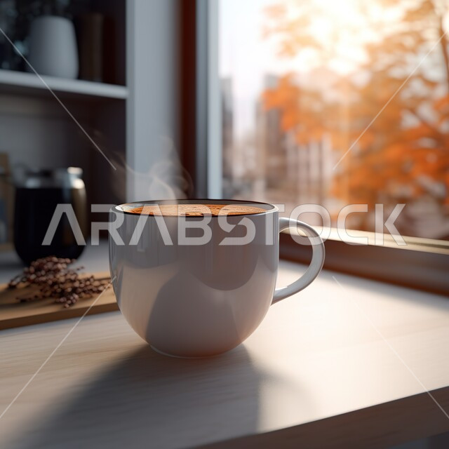 صورة مقربه لفنجان القهوة الساخنه اللذيذة على قاعدة بيضاء, مشروبات ساخنه شهية, قهوة اسبرسو, خلفيه فصل الخريف.