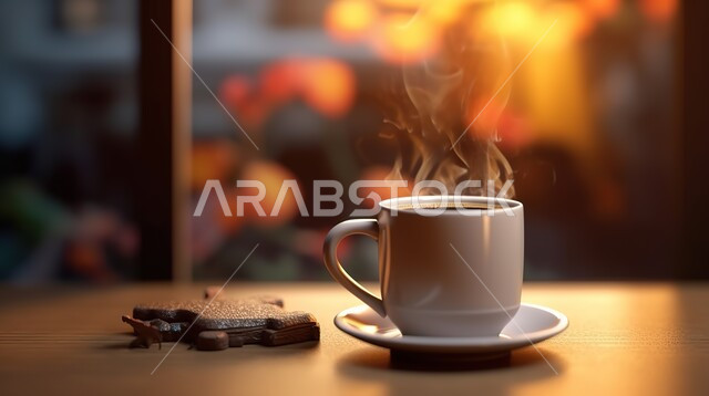 مشروبات ساخنه شهية, صورة مقربه لفنجان القهوة الساخنه اللذيذة على قاعدة بيضاء, قهوة اسبرسو,أجواء شتوية بارده.