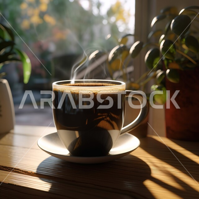 تقديم المشروبات في  الكافيهات والمطاعم, صورة مقربه لفنجان القهوة الساخنه اللذيذة على قاعدة خشبيه, مشروبات ساخنه شهية, قهوة اسبرسو .