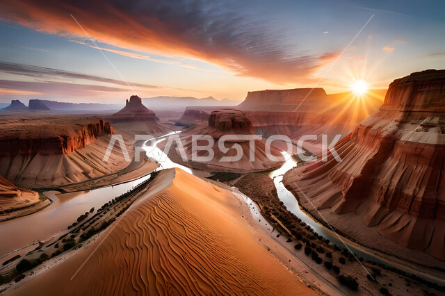 التشكيلات والتكوينات الصخرية في الصحراء في المملكة العربية السعودية وقت غروب الشمس,  الكثبان الرملية, خلفية الطبيعة الصحراوية .