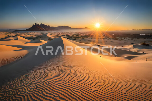 وقت غروب الشمس في صحراء المملكة العربية السعودية , التلال و الكثبان الرملية في البيئة الصحراوية, الرمال الذهبية الناعمة, خلفية الطبيعه الصحراوية .