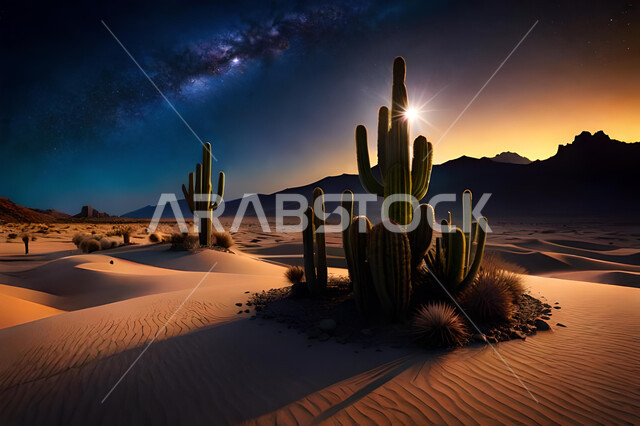 نبات الصبار في وسط الصحراء في المملكة العربية السعودية ليلا, النباتات الشوكية, السماء المليئة بالنجوم, الكثبان الرملية, خلفية الطبيعة الصحراوية .