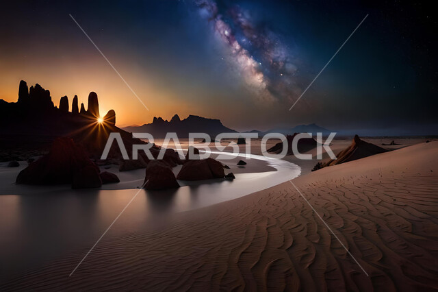 التكوينات والتشكيلات الصخرية في  الصحراء في المملكة العربية السعودية ليلا,  السماء المليئة بالنجوم, الكثبان الرملية, خلفية الطبيعة الصحراوية .