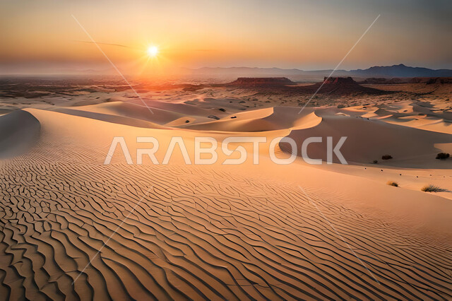 الرمال الذهبية الناعمة, الصحراء في المملكة العربية السعودية وقت غروب الشمس, التلال و الكثبان الرملية في البيئة الصحراوية, خلفية الطبيعه الصحراوية .
