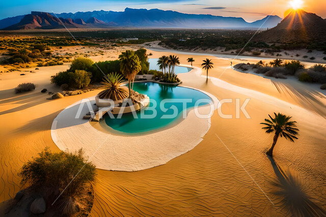 بحيرة ماء صغير وسط الصحراء في المملكة العربية السعودية وقت غروب الشمس, زراعة النباتات وأشجار النخيل, الكثبان الرمليه الناعمة الذهبية, خلفية الطبيعة .